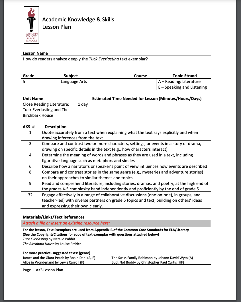 Analysis of the Tuck Everlasting and The Birchbark House Text Exemplars Unit Plan