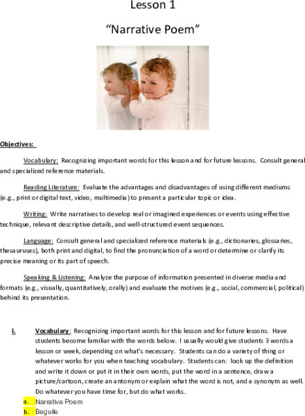 8th Grade Poetry: Narrative Poem Lesson Plan