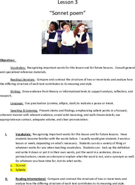 8th Grade Poetry: Sonnet Poem Lesson Plan
