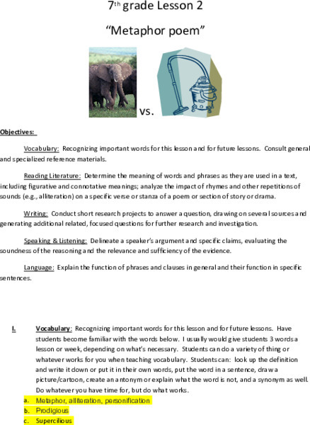 7th Grade Poetry: Metaphor Poem Lesson Plan