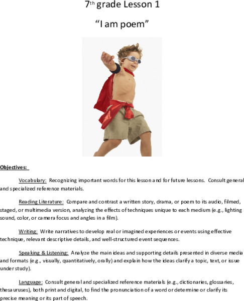 7th Grade Poetry: I Am Poem Lesson Plan