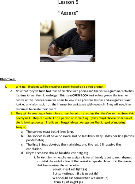 8th Grade Poetry: Assess Lesson Plan