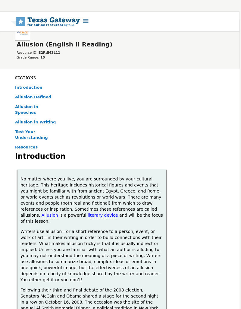 Allusion (English II Reading) Interactive