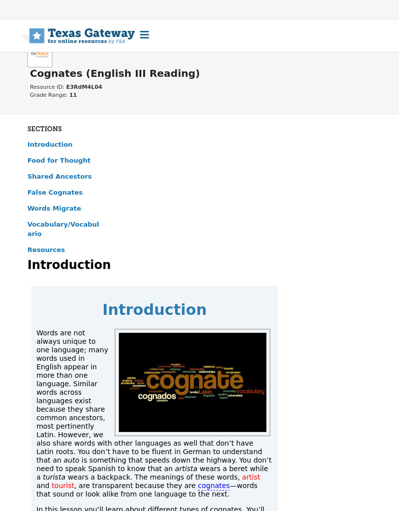 Cognates (English III Reading) Interactive