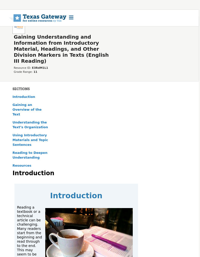 Gaining Understanding and Information from Introductory Material, Headings, and Other Division Markers in Texts (English III Reading) Interactive