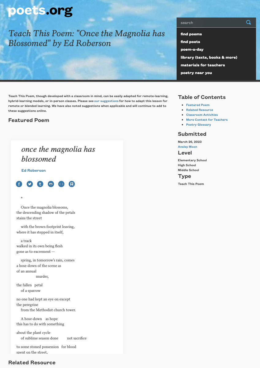 Teach This Poem: "Once the Magnolia has Blossomed" by Ed Roberson Lesson Plan