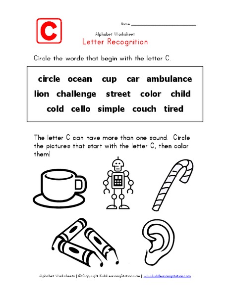 Letter Recognition: The Letter C Worksheet