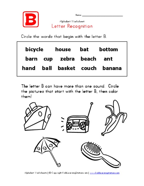 Letter Recognition: The Letter B Worksheet