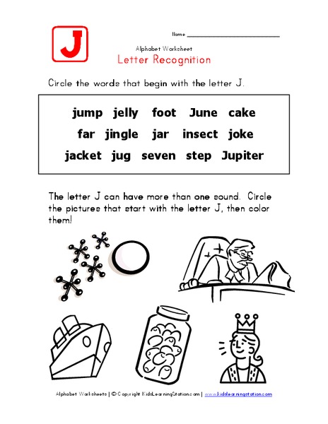 Letter Recognition: The Letter J Worksheet