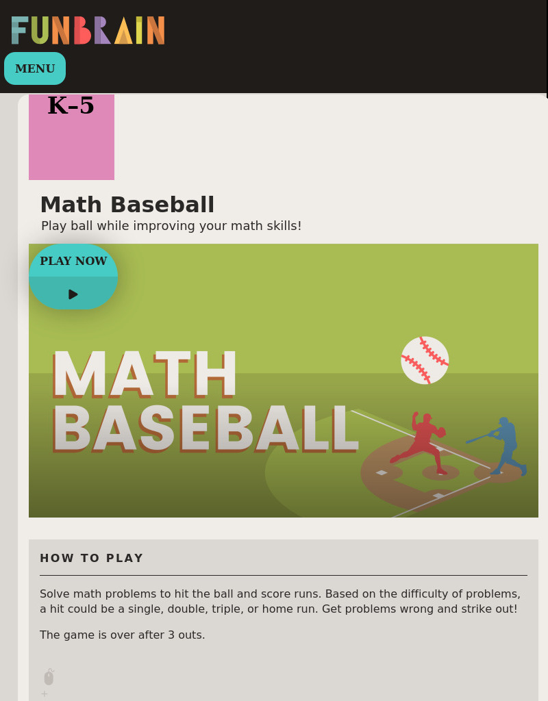 Fun Brain: Math Baseball Interactive