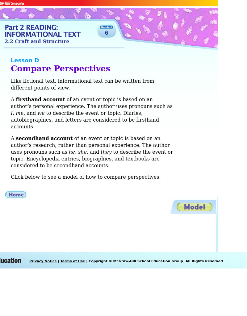 Mc Graw Hill: Part 2 Reading: Informational Text: Compare Perspectives Handout