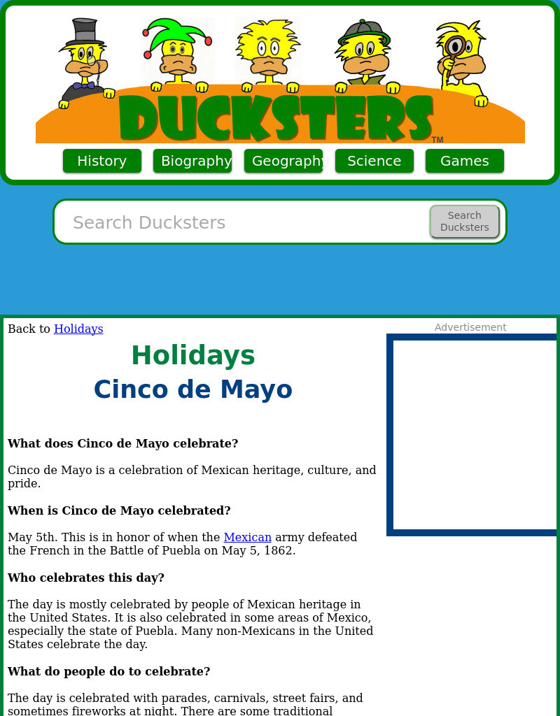 Ducksters: Holidays for Kids: Cinco De Mayo Website