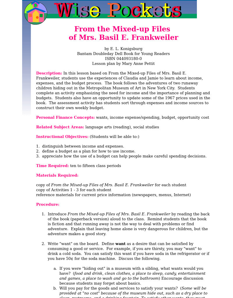 Wise Pockets: From the Mixed Up Files of Mrs. Basil E. Frankweiler Lesson Plan