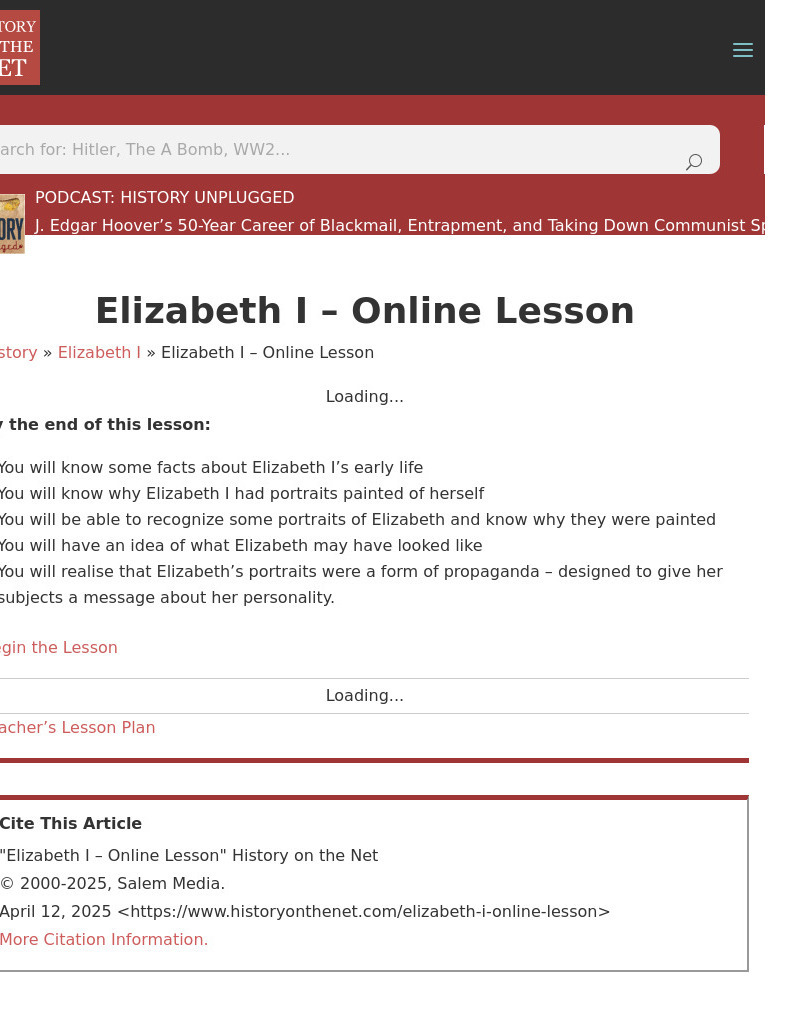 History on the Net: Elizabeth I (Lesson Plan) Lesson Plan