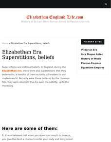 Elizabethan England Life: Elizabethan Superstitions Handout