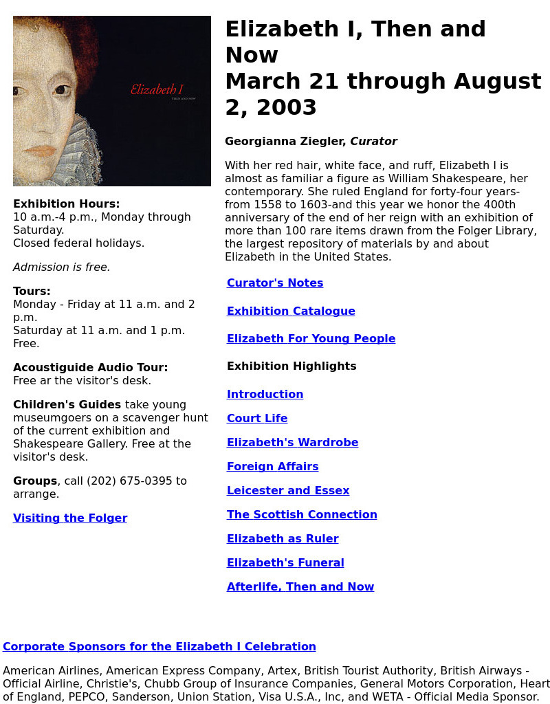 Folger Shakespeare Library: Folger Exhibitions: Elizabeth I, Then and Now Website