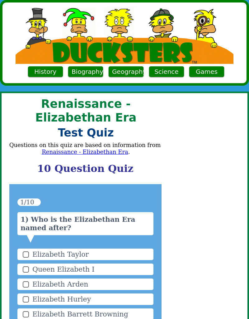 Ducksters: Quiz: Elizabethan Era Website