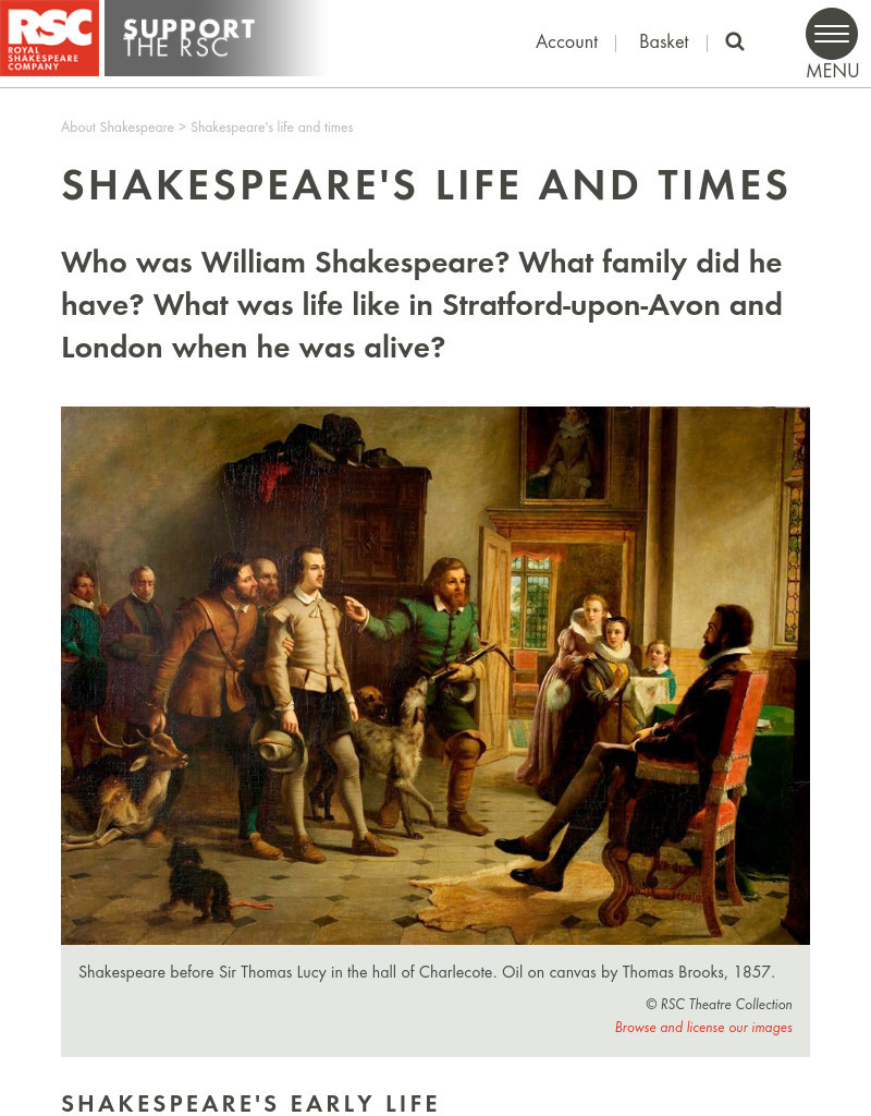 Royal Shakespeare Company: William Shakespeare's Life and Times Website