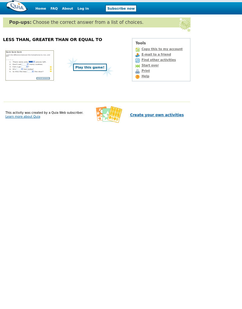 Quia: Less Than, Greater Than, or Equal To eBook