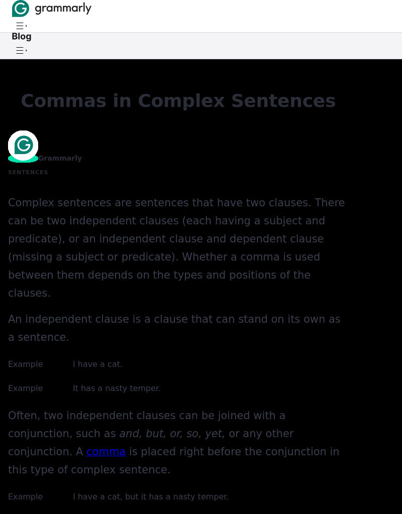 Grammarly Blog: Unnecessary Comma in a Complex Sentence Handout