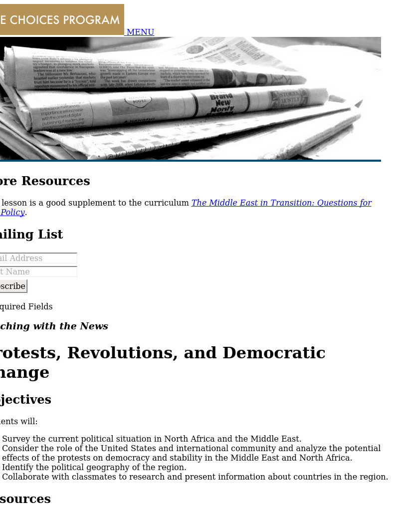 Choices: Teaching With the News: Protests, Revolutions, and Democratic Change Lesson Plan