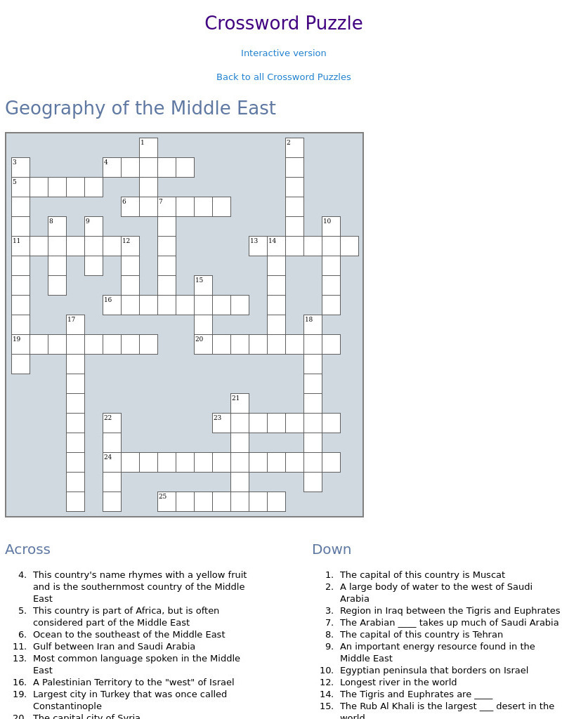 Ducksters: Crossword Puzzle Print Out for Kids: Geography of the Middle East Website