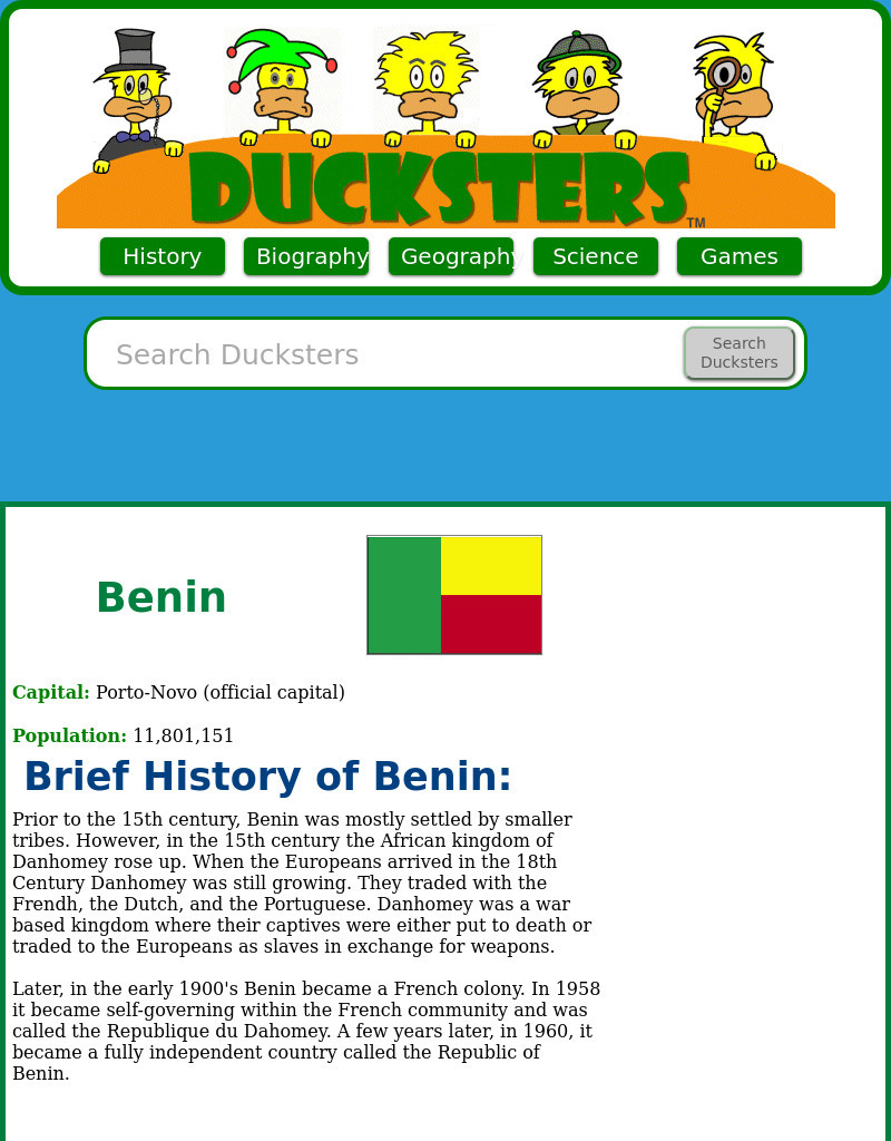 Ducksters: Geography for Kids: Benin Website