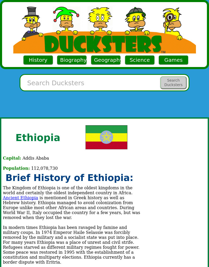 Ducksters: Geography for Kids: Ethiopia Website