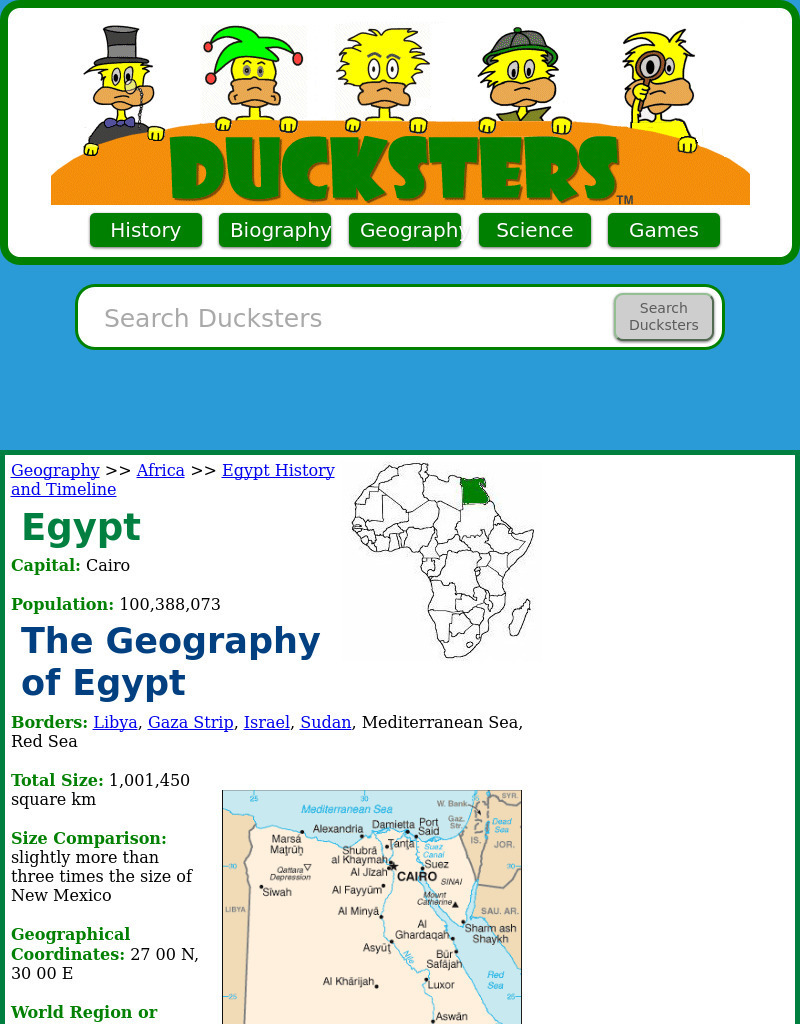 Ducksters: Geography for Kids: Egypt Website