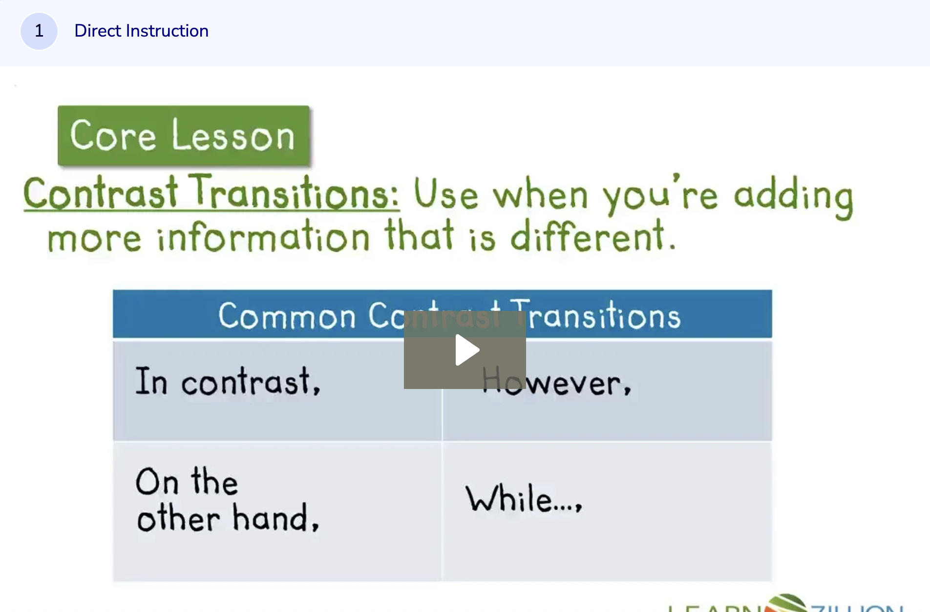 Learn Zillion: Video: Connect Ideas Using Transition Words, Phrases, and Clauses Instructional Video