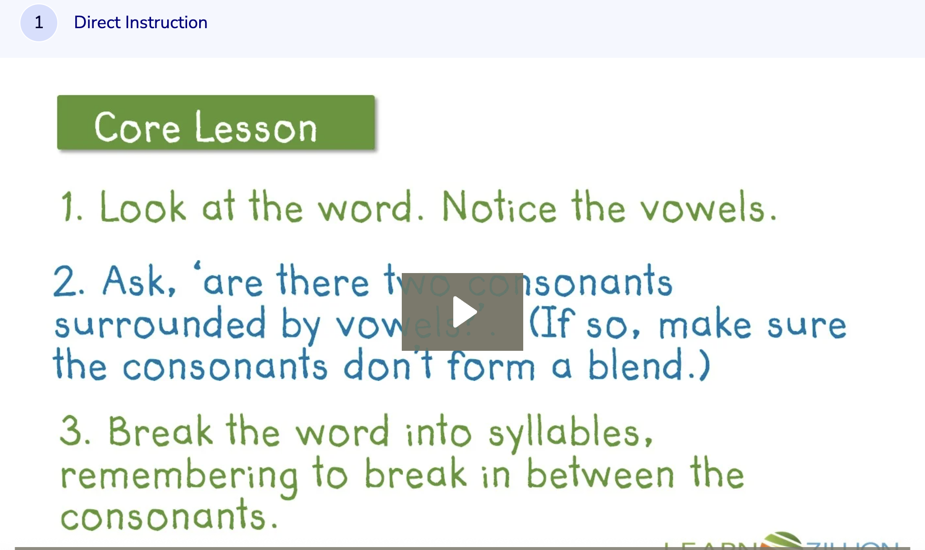 Learn Zillion: Break Up Words Into Syllables Between Two Consonants Vc/cv Instructional Video