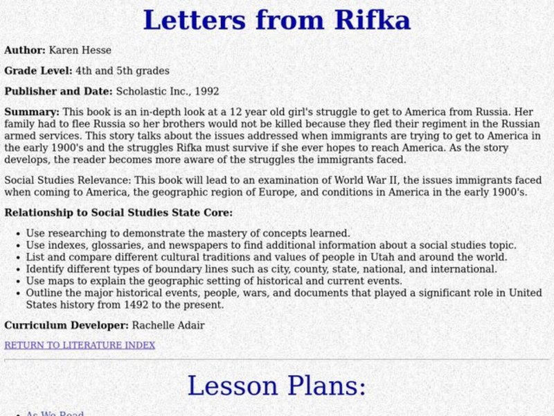 Letters from Rifka Lesson Plan