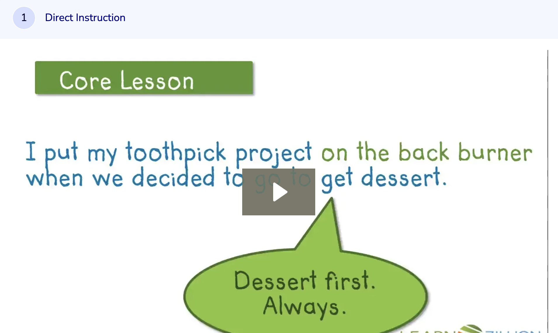 Learn Zillion: Understanding Figurative Language: "Put on the Back Burner" Instructional Video