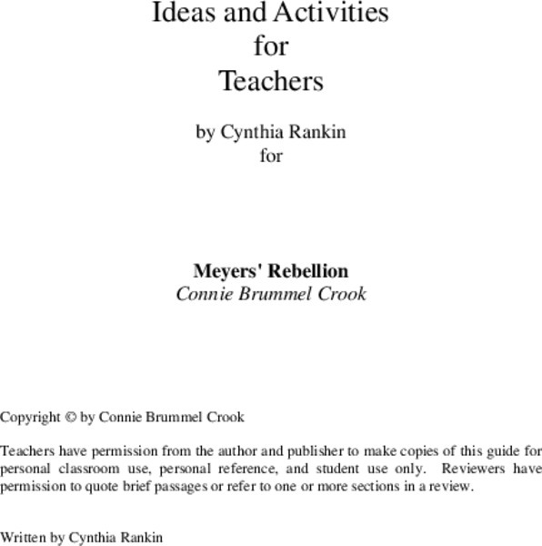Fitzhenry and Whiteside: 'Meyers' Rebellion' Teaching Guide [Pdf] Unit Plan