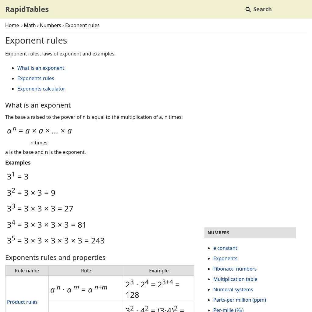 Rapid Tables: Exponent Rules Handout