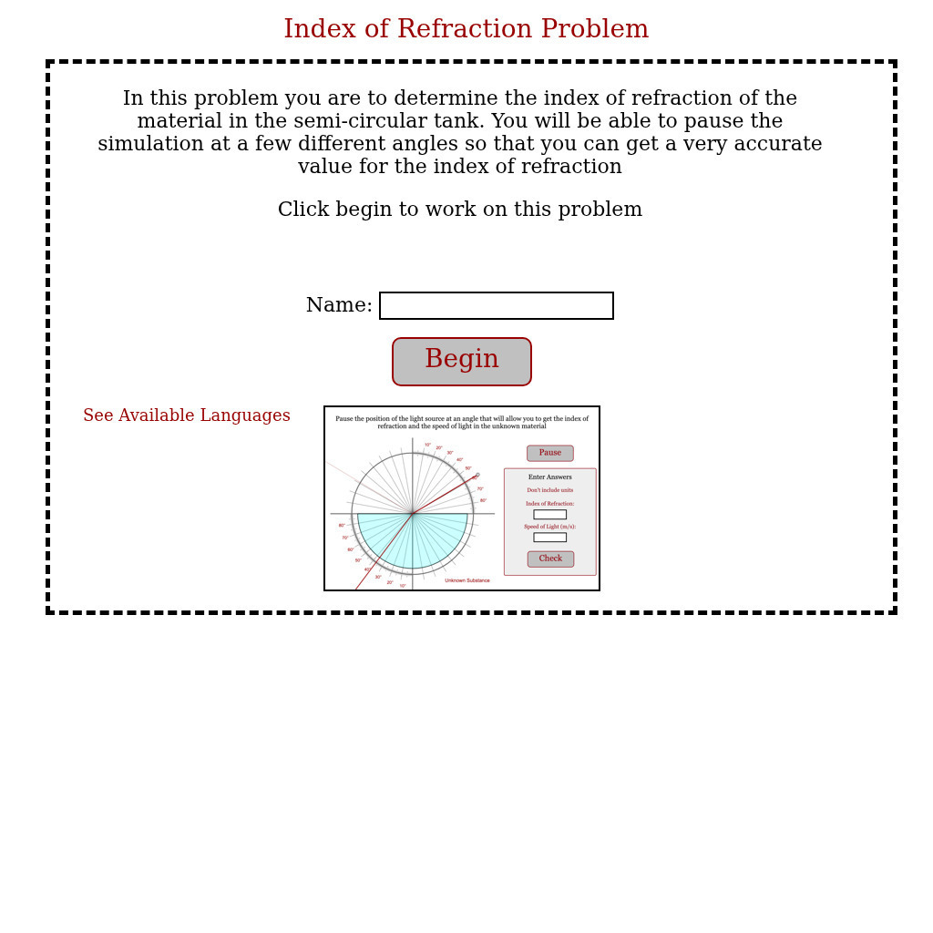 Physics Aviary: Practice Problems: Index of Refraction Problem Assessment