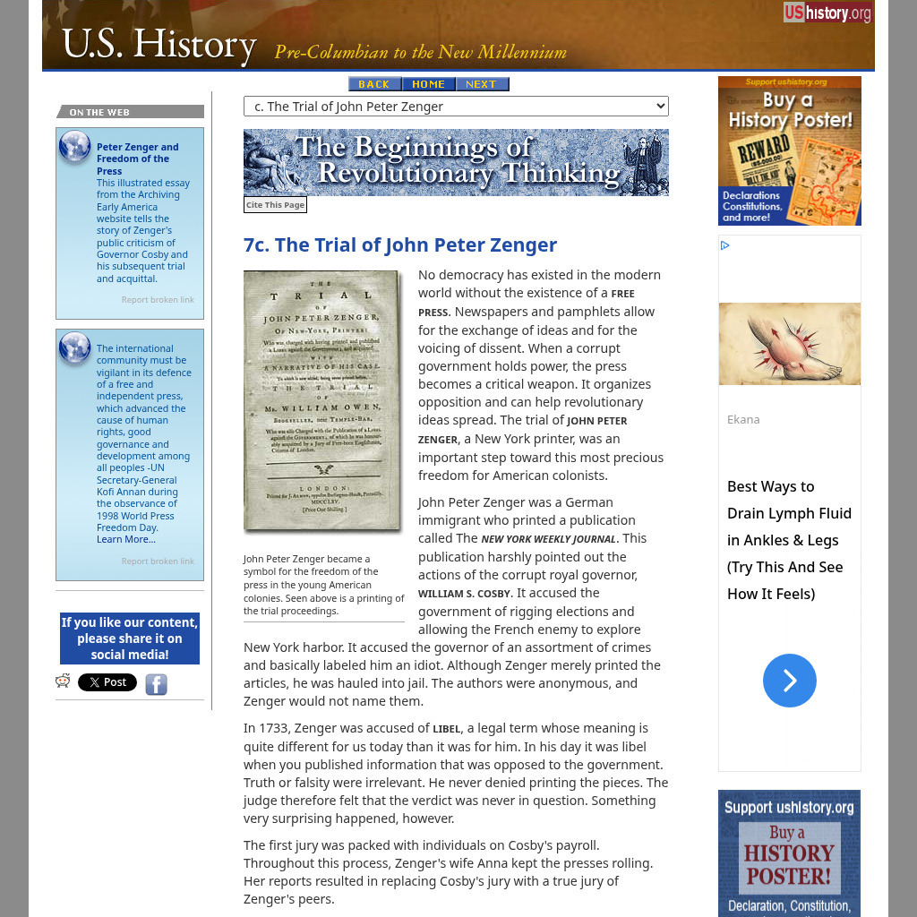U.s. History: Beginnings of Revolutionary Thinking: Trial of John Peter Zenger Website