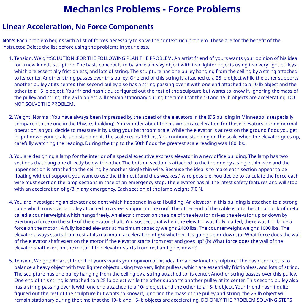 University of Minnesota: Mechanics Problems: Force Problems Assessment