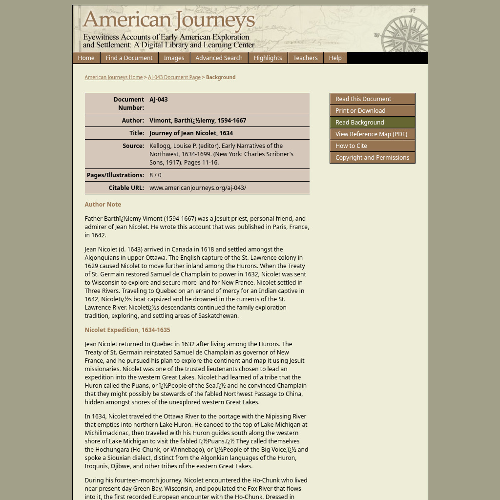 American Journeys: Background on the Journey of Jean Nicolet, 1634 Unit Plan