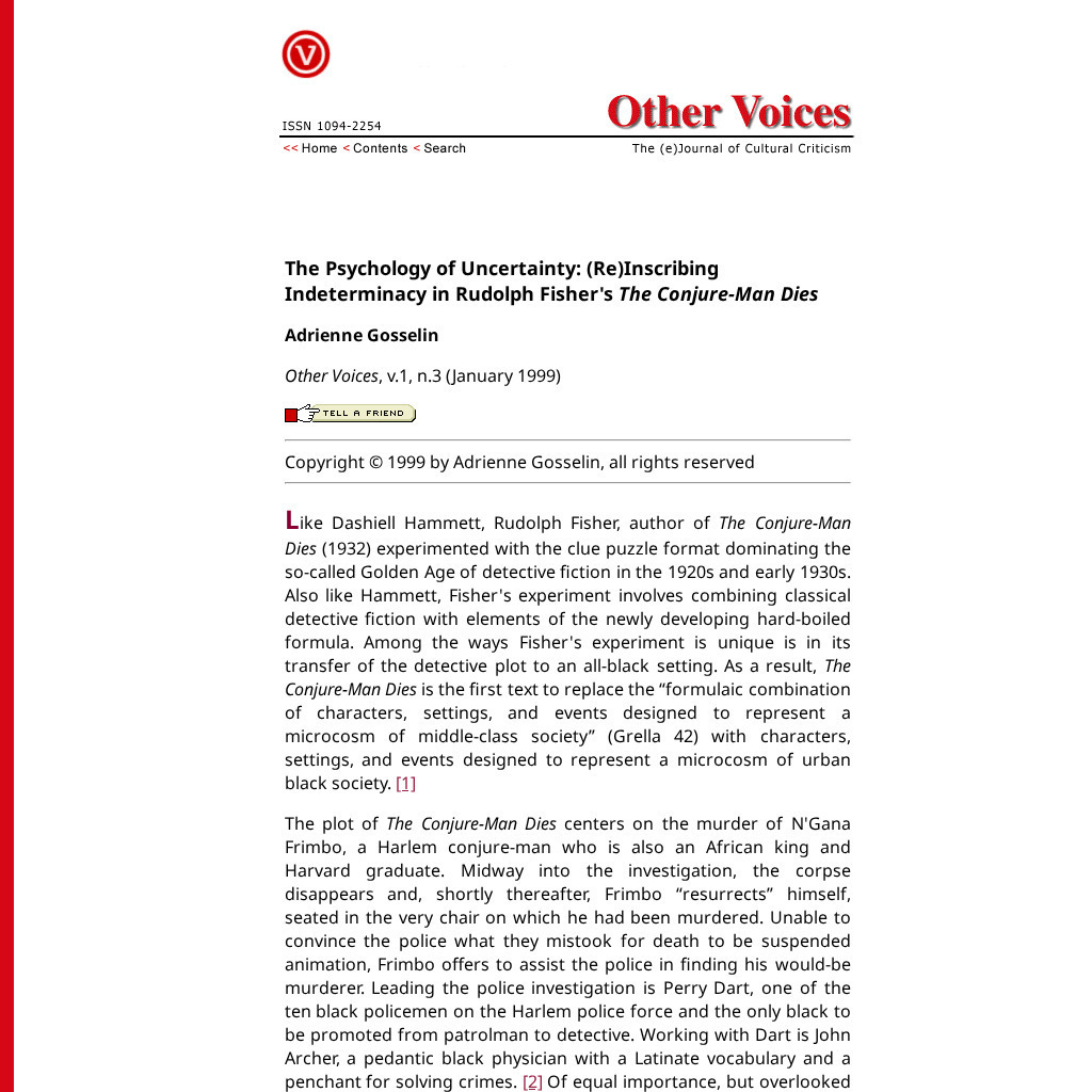 Other Voices: The Psychology of Uncertainty: Rudolph Fisher's "The Conjure Man D Article