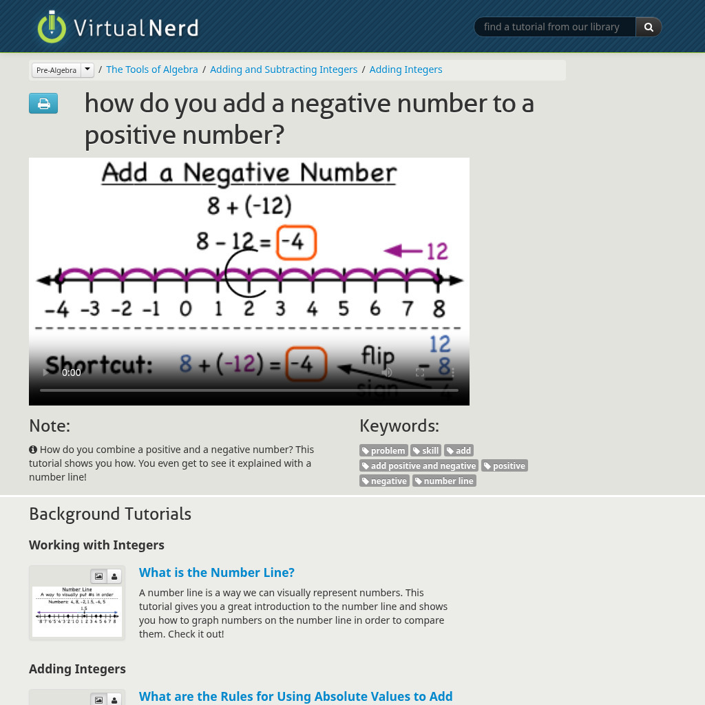 Virtual Nerd: How Do You Add a Negative Number to a Positive Number? Instructional Video