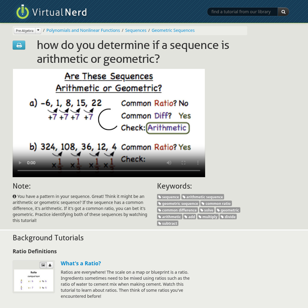 Virtual Nerd: How Do You Determine if a Sequence Is Arithmetic or Geometric? Instructional Video