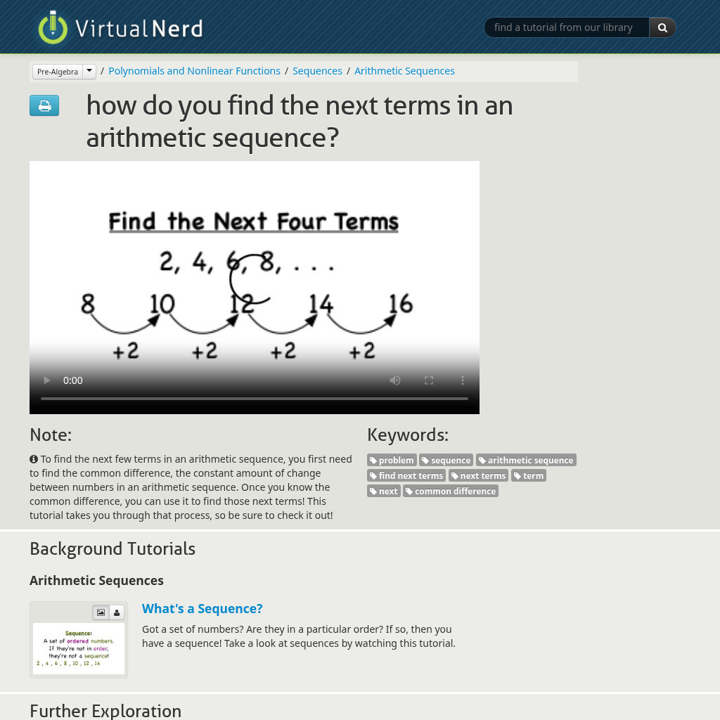 Virtual Nerd: How Do You Find the Next Terms in an Arithmetic Sequence? Instructional Video