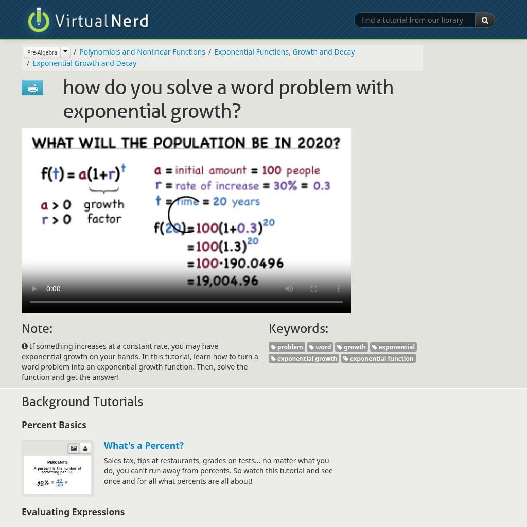 Virtual Nerd: How Do You Solve a Word Problem With Exponential Growth? Instructional Video