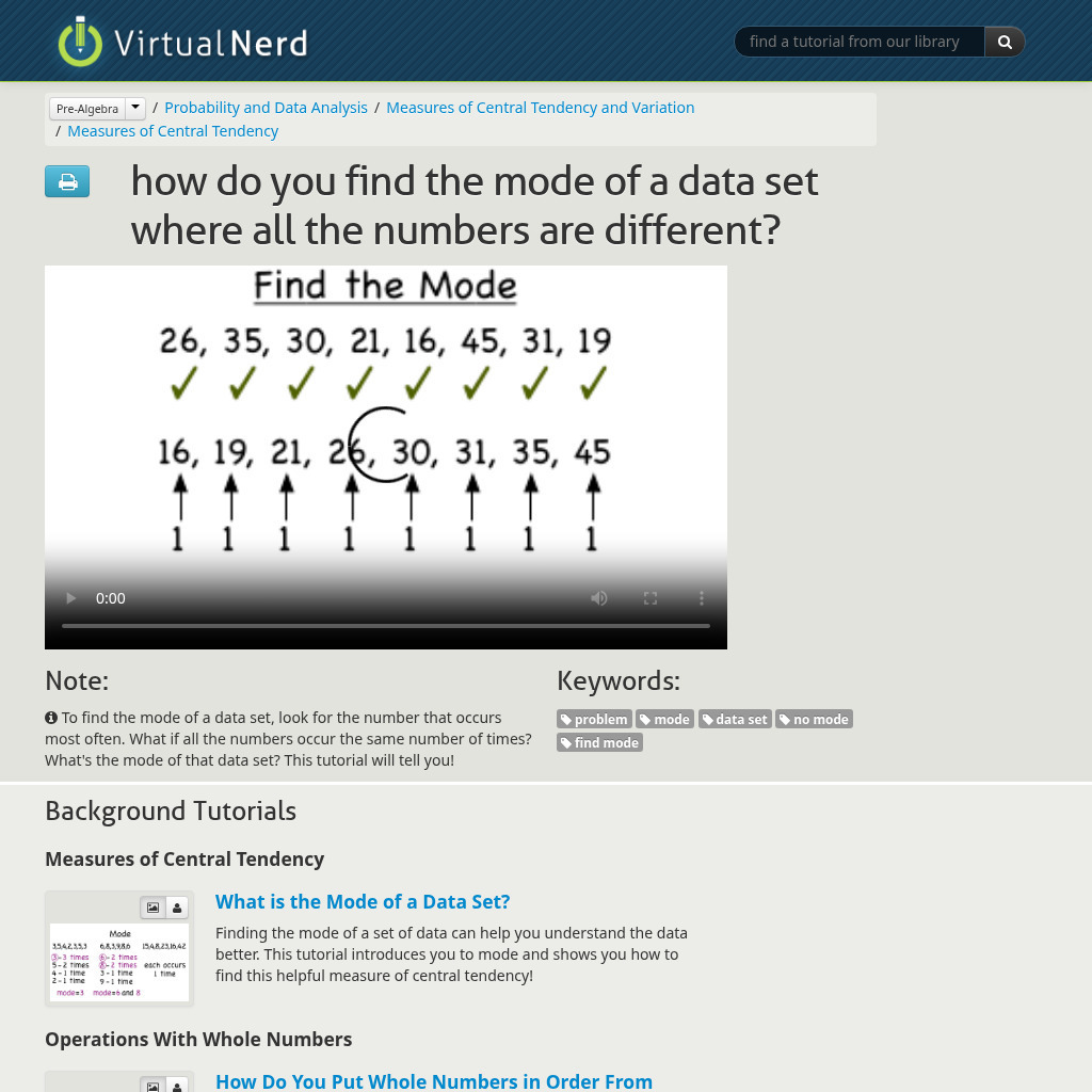 Virtual Nerd: Find the Mode of a Data Set Where All the Numbers Are Different Instructional Video