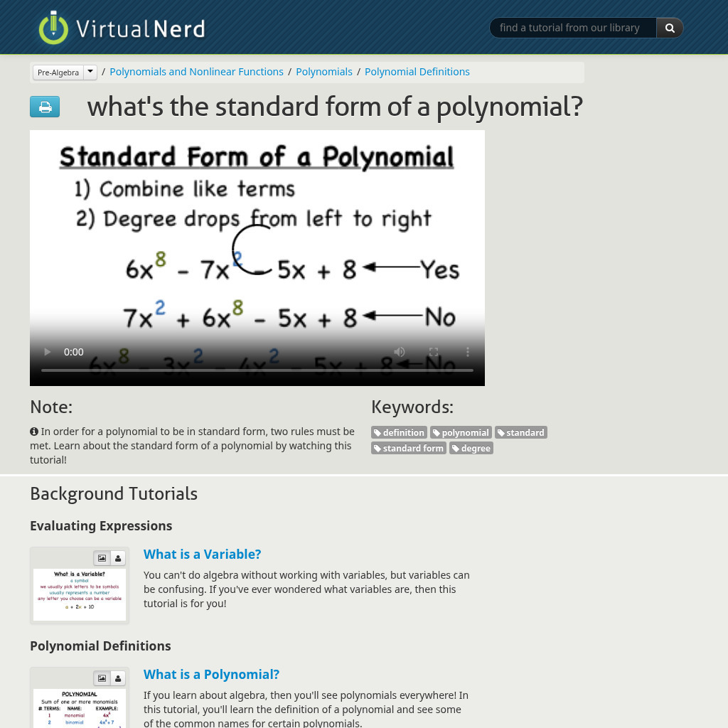 Virtual Nerd: What's the Standard Form of a Polynomial? Instructional Video