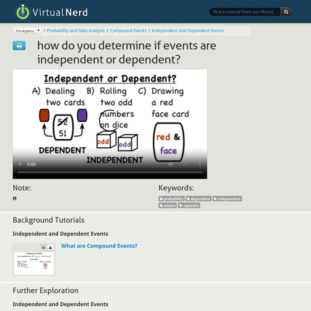 Virtual Nerd: How Do You Determine if Events Are Independent or Dependent? Instructional Video
