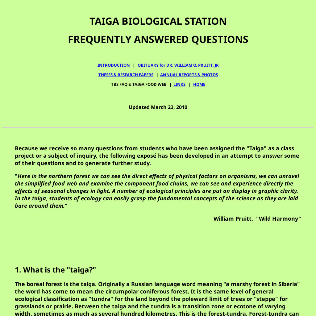 Taiga Biological Station: Information and Terrestrial Food Web Handout