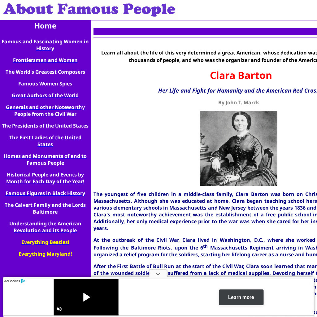 About Famous People: Clara Barton: Her Life, and the American Red Cross Handout