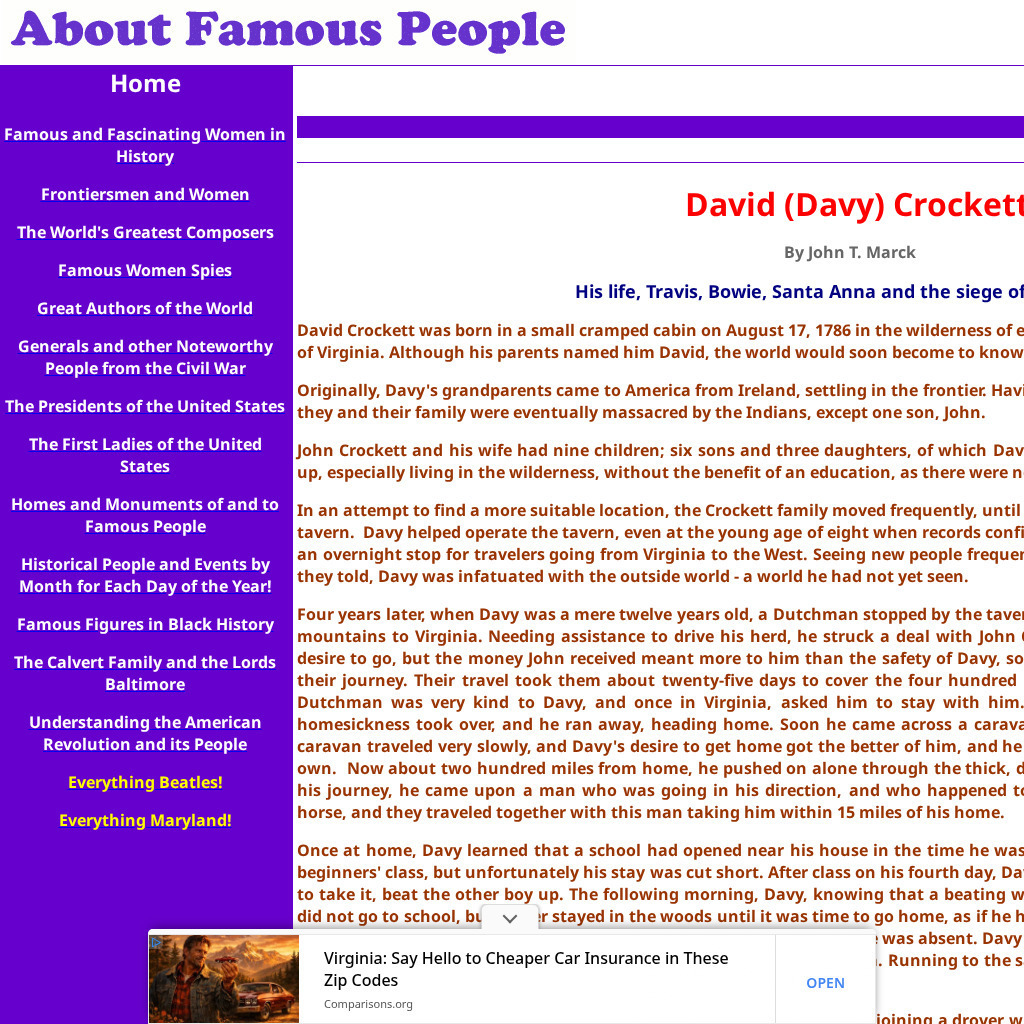 History Celebrities: David (Davy) Crockett Handout